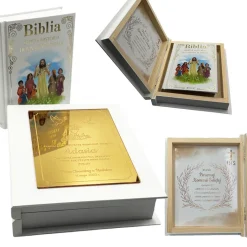 Biblia na Komunię w Ozdobnym Pudełku z Grawerem - Pamiątka Pierwszej Komunii Świętej Prezent na Komunię