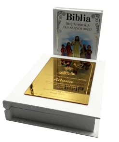 Biblia na Komunię w Ozdobnym Pudełku z Grawerem - Pamiątka Pierwszej Komunii Świętej Prezent na Komunię