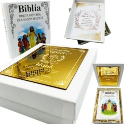 Biblia na Komunię w Ozdobnym Pudełku z Grawerem - Prezent na Komunię Pamiątka Pierwszej Komunii Świętej