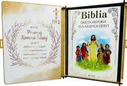 Biblia na Komunię w Pudełku z Grawerem - Pamiątka Pierwszej Komunii Świętej dla Chłopca Dziewczynki Prezent na Komunię