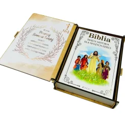 Biblia na Komunię w Pudełku z Grawerem - Pamiątka Pierwszej Komunii Świętej dla Chłopca Dziewczynki Prezent na Komunię
