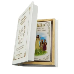 Biblia w drewnianym pudełku Prezent na Komunię - Pamiątka Pierwszej Komunii Świętej