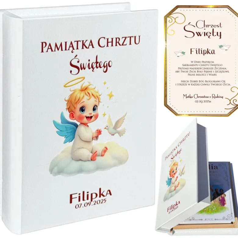 Biblia w Drewnianym Pudełku z Życzeniami Prezent na Chrzest - Pamiątka Chrztu Świętego