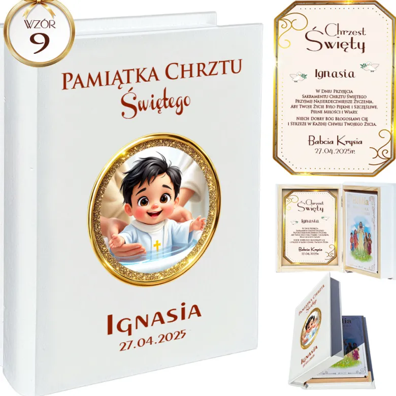 Biblia w Drewnianym Pudełku z Życzeniami Prezent na Chrzest - Pamiątka Chrztu Świętego