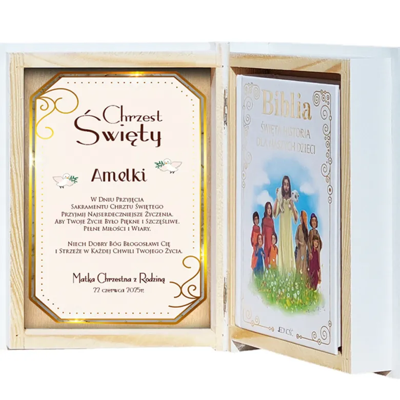 Biblia w Drewnianym Pudełku z Życzeniami Prezent na Chrzest - Pamiątka Chrztu Świętego