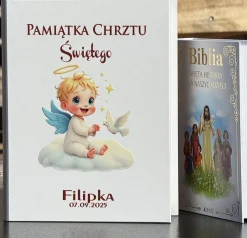 Biblia w Drewnianym Pudełku z Życzeniami Prezent na Chrzest - Pamiątka Chrztu Świętego
