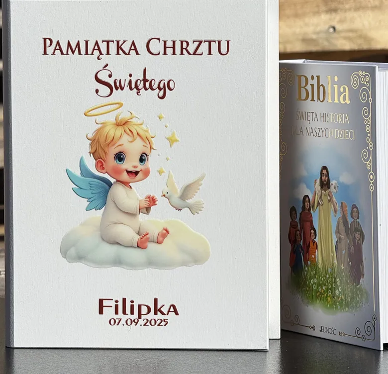 Biblia w Drewnianym Pudełku z Życzeniami Prezent na Chrzest - Pamiątka Chrztu Świętego