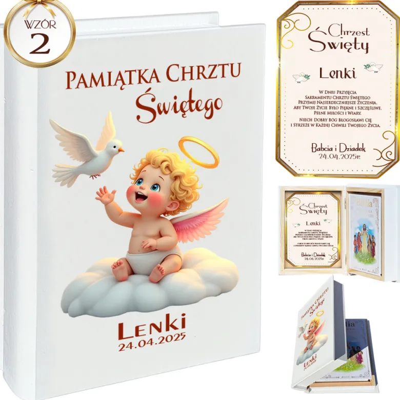 Biblia w Drewnianym Pudełku z Życzeniami Prezent na Chrzest - Pamiątka Chrztu Świętego