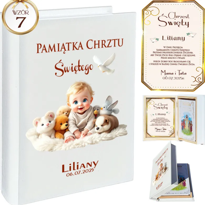 Biblia w Drewnianym Pudełku z Życzeniami Prezent na Chrzest - Pamiątka Chrztu Świętego
