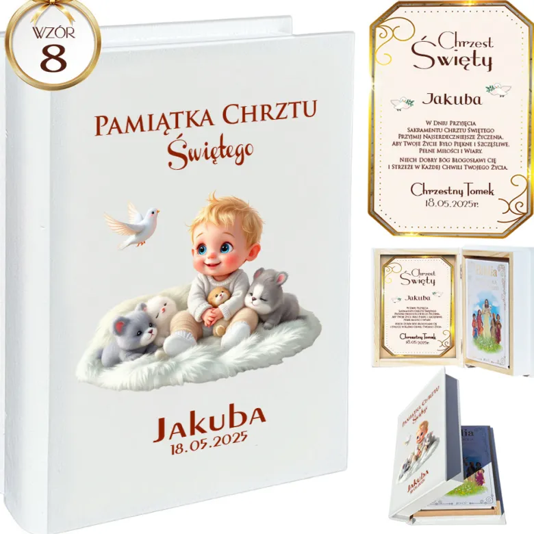 Biblia w Drewnianym Pudełku z Życzeniami Prezent na Chrzest - Pamiątka Chrztu Świętego