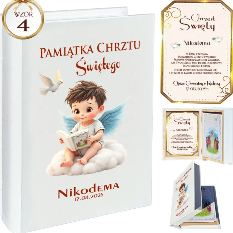 Biblia w Drewnianym Pudełku z Życzeniami Prezent na Chrzest - Pamiątka Chrztu Świętego