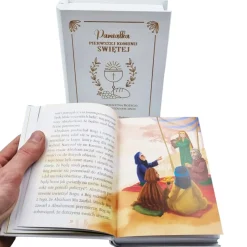 Biblia w drewnianym pudełku z życzeniami Prezent na Komunię - Pamiątka Pierwszej Komunii Świętej