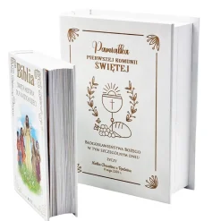 Biblia w drewnianym pudełku z życzeniami Prezent na Komunię - Pamiątka Pierwszej Komunii Świętej