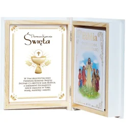 Biblia w drewnianym pudełku z życzeniami Prezent na Komunię - Pamiątka Pierwszej Komunii Świętej
