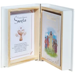 Biblia w drewnianym pudełku z życzeniami Prezent na Komunię - Pamiątka Pierwszej Komunii Świętej