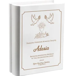 Biblia w drewnianym pudełku z życzeniami Prezent na Komunię - Pamiątka Pierwszej Komunii Świętej
