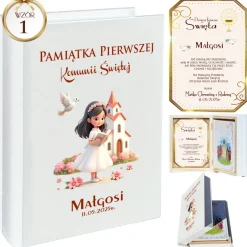 Biblia w Drewnianym Pudełku z Życzeniami - Prezent na Komunię Świętą Pamiątka Pierwszej Komunii Świętej