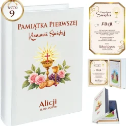Biblia w Drewnianym Pudełku z Życzeniami - Prezent na Komunię Świętą Pamiątka Pierwszej Komunii Świętej