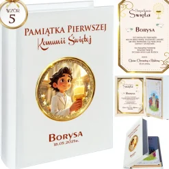 Biblia w Drewnianym Pudełku z Życzeniami - Prezent na Komunię Świętą Pamiątka Pierwszej Komunii Świętej