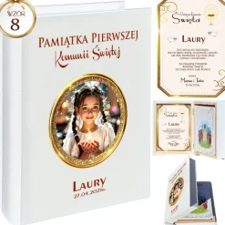 Biblia w Drewnianym Pudełku z Życzeniami - Prezent na Komunię Świętą Pamiątka Pierwszej Komunii Świętej