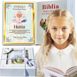 Biblia z Życzeniami w Ozdobnym Kartoniku Prezent na Komunię - Pamiątka Pierwszej Komunii Świętej