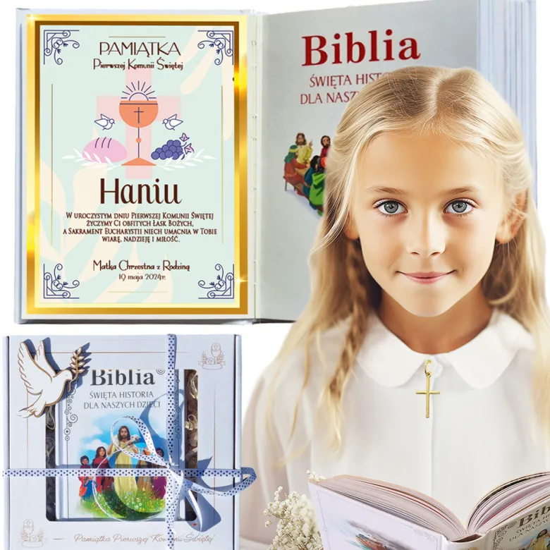 Biblia z Życzeniami w Ozdobnym Kartoniku Prezent na Komunię - Pamiątka Pierwszej Komunii Świętej