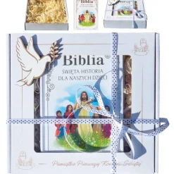 Biblia z Życzeniami w Ozdobnym Kartoniku Prezent na Komunię - Pamiątka Pierwszej Komunii Świętej