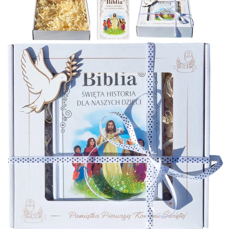 Biblia z Życzeniami w Ozdobnym Kartoniku Prezent na Komunię - Pamiątka Pierwszej Komunii Świętej
