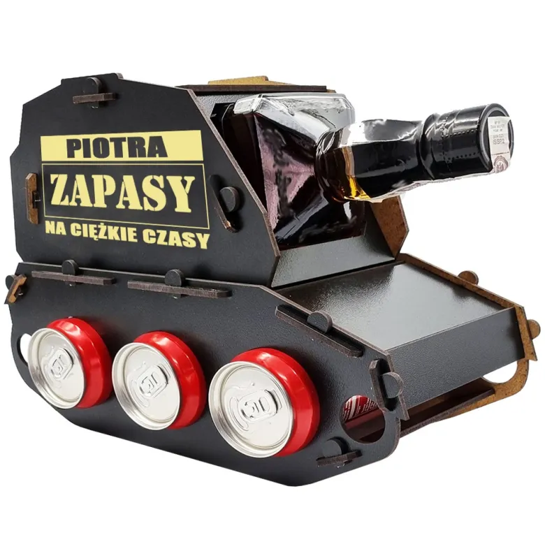Czołg na whisky z grawerem, stojak na alkohol