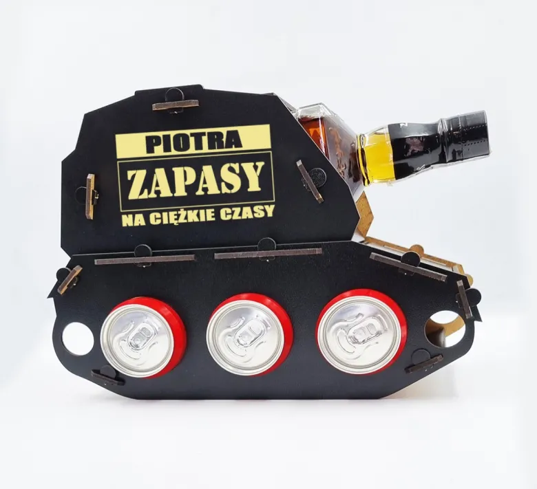 Czołg na whisky z grawerem, stojak na alkohol