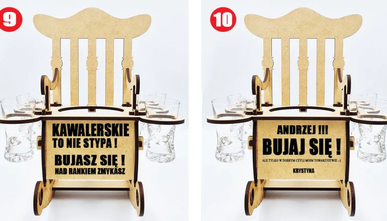 Fotel bujany na butelkę, z kieliszkami i grawerem