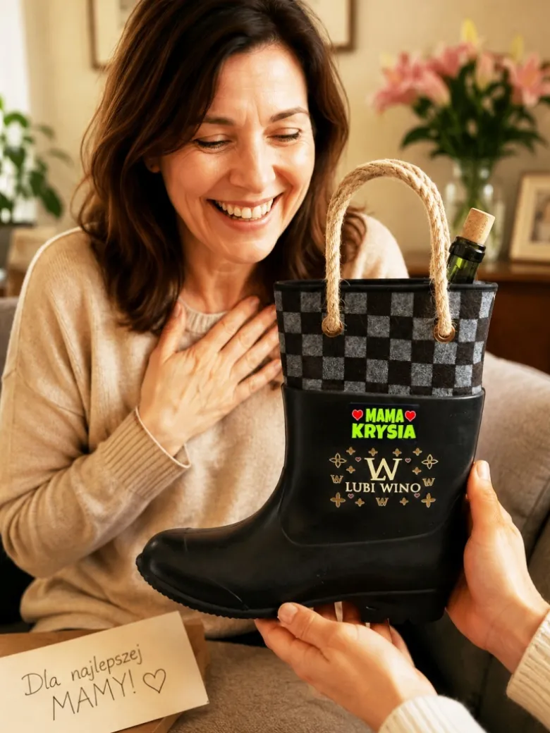 Gumofilc na Wino MAMA LUBI WINO z Imieniem Mamy - Śmieszny Prezent dla Mamy na Dzień Mamy Urodziny Święta Kalosz Gumiak