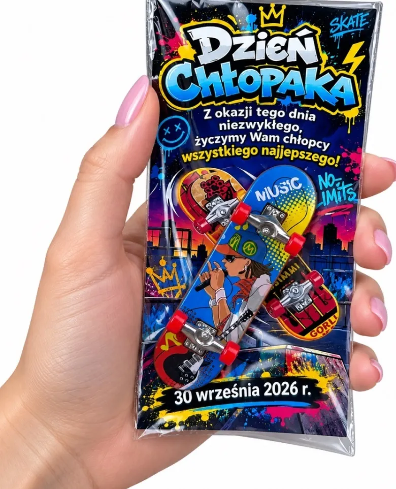Mini Deskorolka na Palce Fingerboard + Życzenia - Prezent na Dzień Chłopaka do Szkoły Przedszkola Klasy