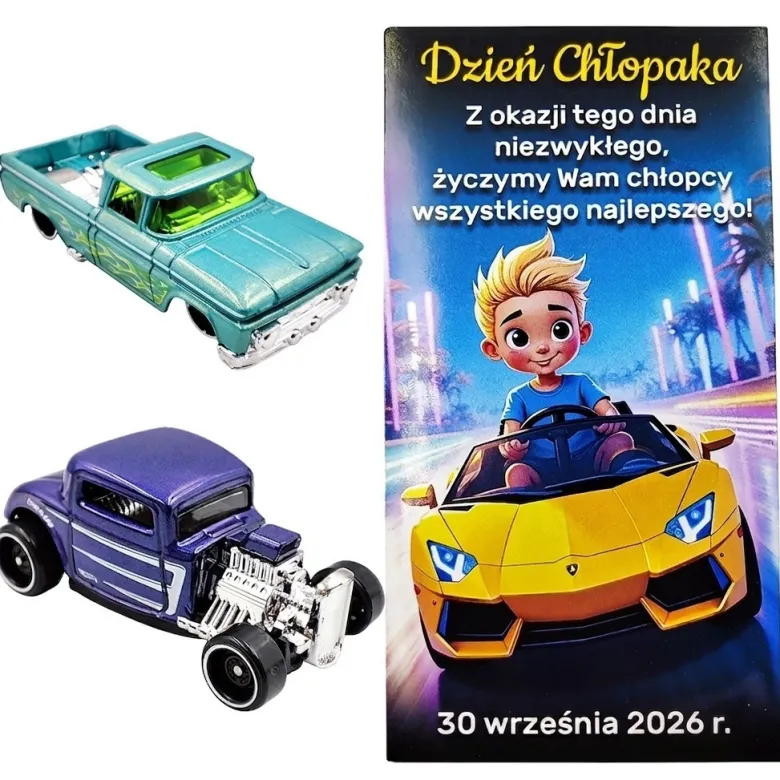 Oryginalny Hot Wheels + Życzenia - Prezent na Dzień Chłopaka Przedszkole Szkoła Autko Samochodzik