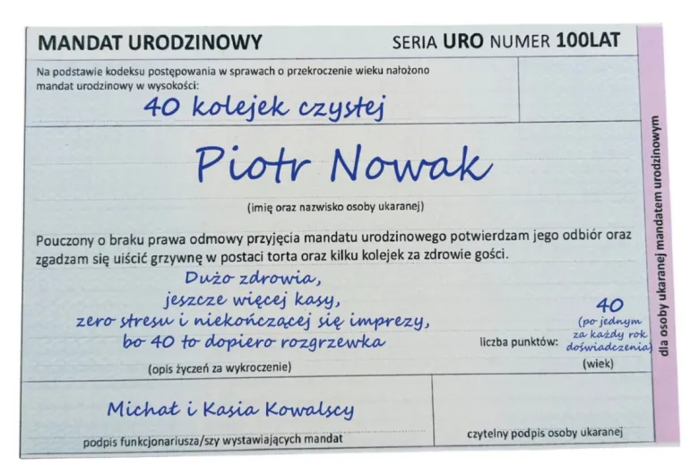 Personalizowana Kartka Urodzinowa Mandat - Prezent na 18 40 50 60 Urodziny dla Faceta Mężczyzny Chłopaka Taty