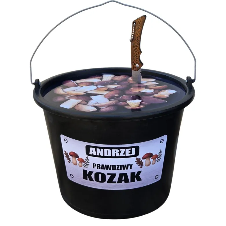 Personalizowany Zestaw Grzybiarza 4w1- prezent dla Taty Mamy Babci Dziadka Żony Męża Wiadro Nóż Ponczo Czapka