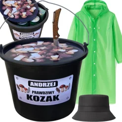 Personalizowany Zestaw Grzybiarza 4w1- prezent dla Taty Mamy Babci Dziadka Żony Męża Wiadro Nóż Ponczo Czapka