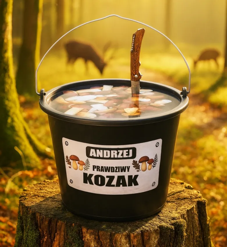 Personalizowany Zestaw Grzybiarza 4w1- prezent dla Taty Mamy Babci Dziadka Żony Męża Wiadro Nóż Ponczo Czapka