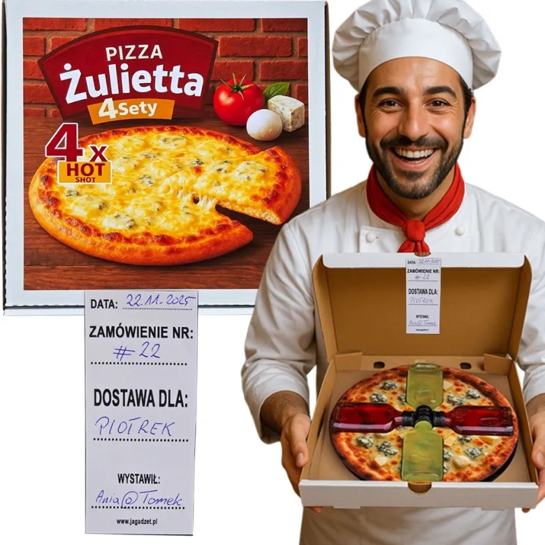 Pizza Żulietta 4sety Pudełko na Alkohol - Śmieszny Prezent dla Faceta Mężczyzny Taty Męża na Święta 18 40 50 Urodziny