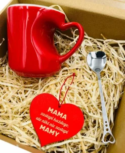 Prezent dla Mamy na Dzień Matki - kubek z uchwytem w kształcie serca, łyżeczka i zawieszka