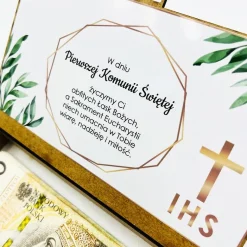 Różaniec Komunijny + Pudełko na Pieniądze z Grawerem - Pamiątka Pierwszej Komunii Świętej Prezent na Komunię