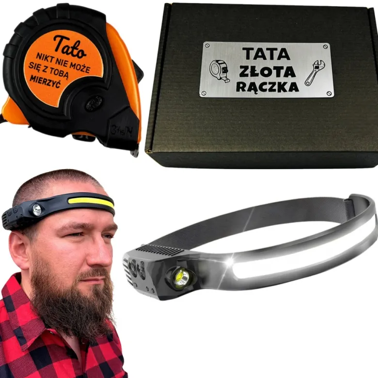Zestaw dla Taty Latarka Czołówka + Miara - Prezent dla Taty na Dzień Ojca Święta Urodziny
