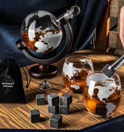 Zestaw do whisky GLOBUS: karafka, 2 szklanki i kamienne kostki - prezent na 40 50 60 70 urodziny dla faceta taty męża mężczyzny