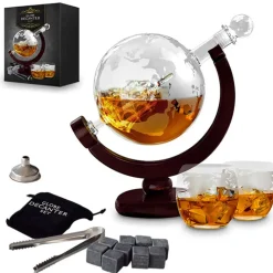 Zestaw do whisky GLOBUS: karafka, 2 szklanki i kamienne kostki - prezent na 40 50 60 urodziny dla faceta taty męża