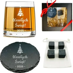 Zestaw do Whisky z Grawerem na Święta - prezent upominki paczki świąteczne dla pracowników klientów zestaw prezentowy kosz