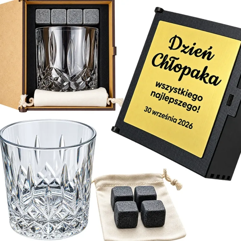 Zestaw do Whisky z Grawerem Szklanka + Kamienie - prezent na Dzień Chłopaka Szkoła Praca