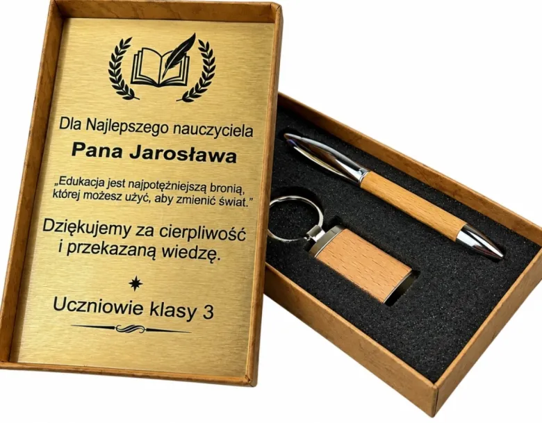 Zestaw Długopis i Brelok Drewniany w Pudełku z Grawerem - Prezent na Dzień Nauczyciela dla Wychowawcy Nauczyciela