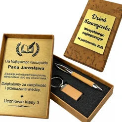 Zestaw Długopis i Brelok Drewniany w Pudełku z Grawerem - Prezent na Dzień Nauczyciela dla Wychowawcy Nauczyciela