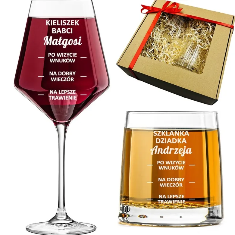 Zestaw Kieliszek dla Babci + Szklanka dla Dziadka - Prezent na Dzień Babci i Dziadka Święta