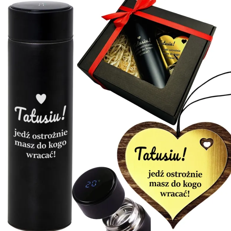 Zestaw Kubek Termiczny + Zawieszka Tatusiu Jedź Ostrożnie - Prezent dla Taty na Dzień Ojca Święta